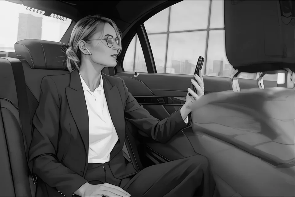 Professional female executive checking emails on smartphone while being driven in luxury chauffeured vehicle, demonstrating Boulevard Chauffeur's premium transportation service for busy professionals