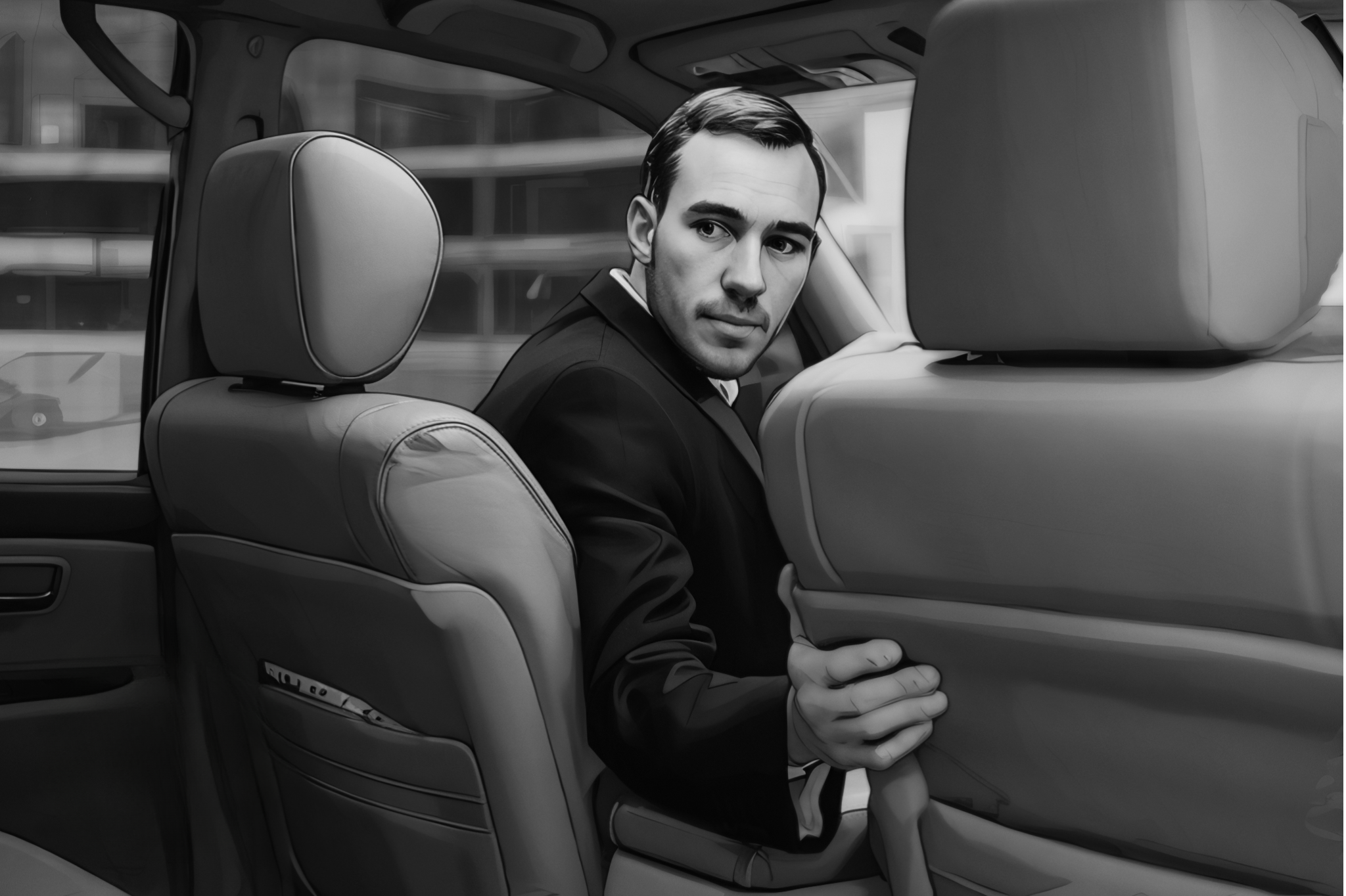 Professional chauffeur in luxury vehicle attentively listening to executive passenger, demonstrating Boulevard Chauffeur's commitment to personalized service and client satisfaction